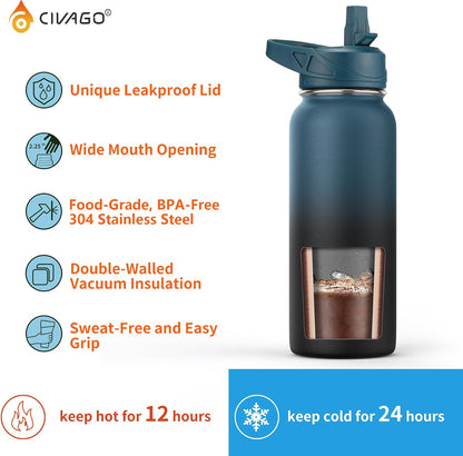 32 oz Insulated Stainless Steel Water Bottle With Straw and 3 Lids