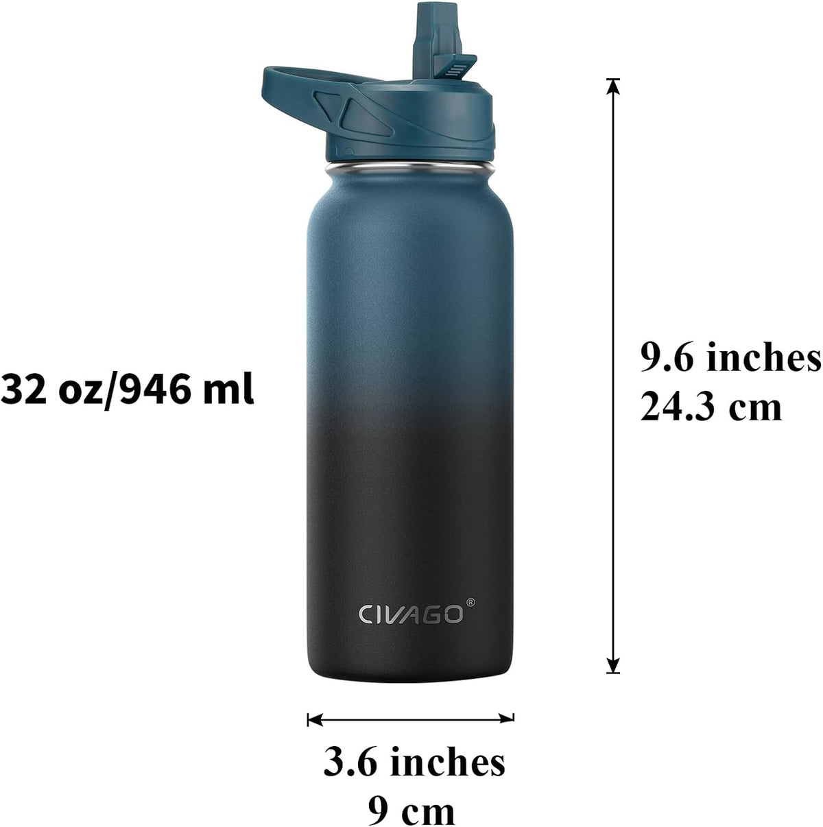 32 oz Insulated Stainless Steel Water Bottle With Straw and 3 Lids