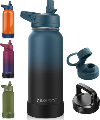 32 oz Insulated Stainless Steel Water Bottle With Straw and 3 Lids
