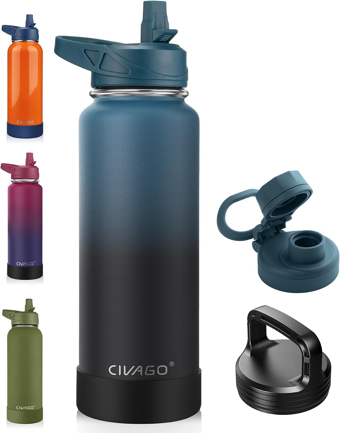 32 oz Insulated Stainless Steel Water Bottle With Straw and 3 Lids