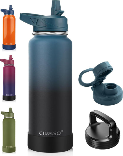 32 oz Insulated Stainless Steel Water Bottle With Straw and 3 Lids