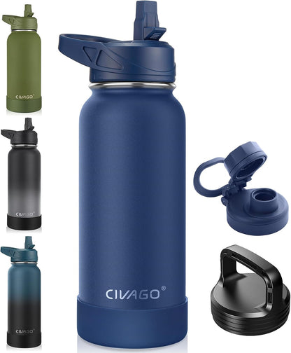 32 oz Insulated Stainless Steel Water Bottle With Straw and 3 Lids