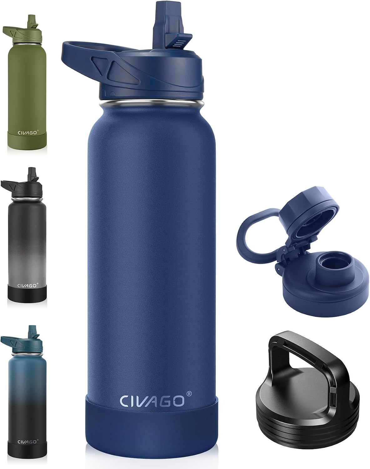 32 oz Insulated Stainless Steel Water Bottle With Straw and 3 Lids