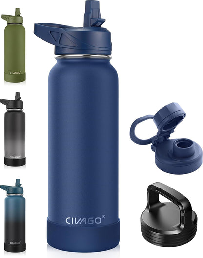 32 oz Insulated Stainless Steel Water Bottle With Straw and 3 Lids