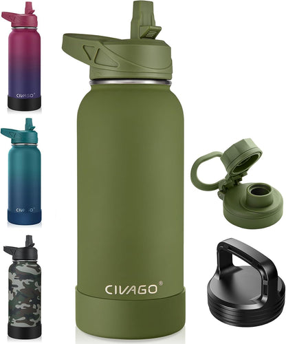 32 oz Insulated Stainless Steel Water Bottle With Straw and 3 Lids