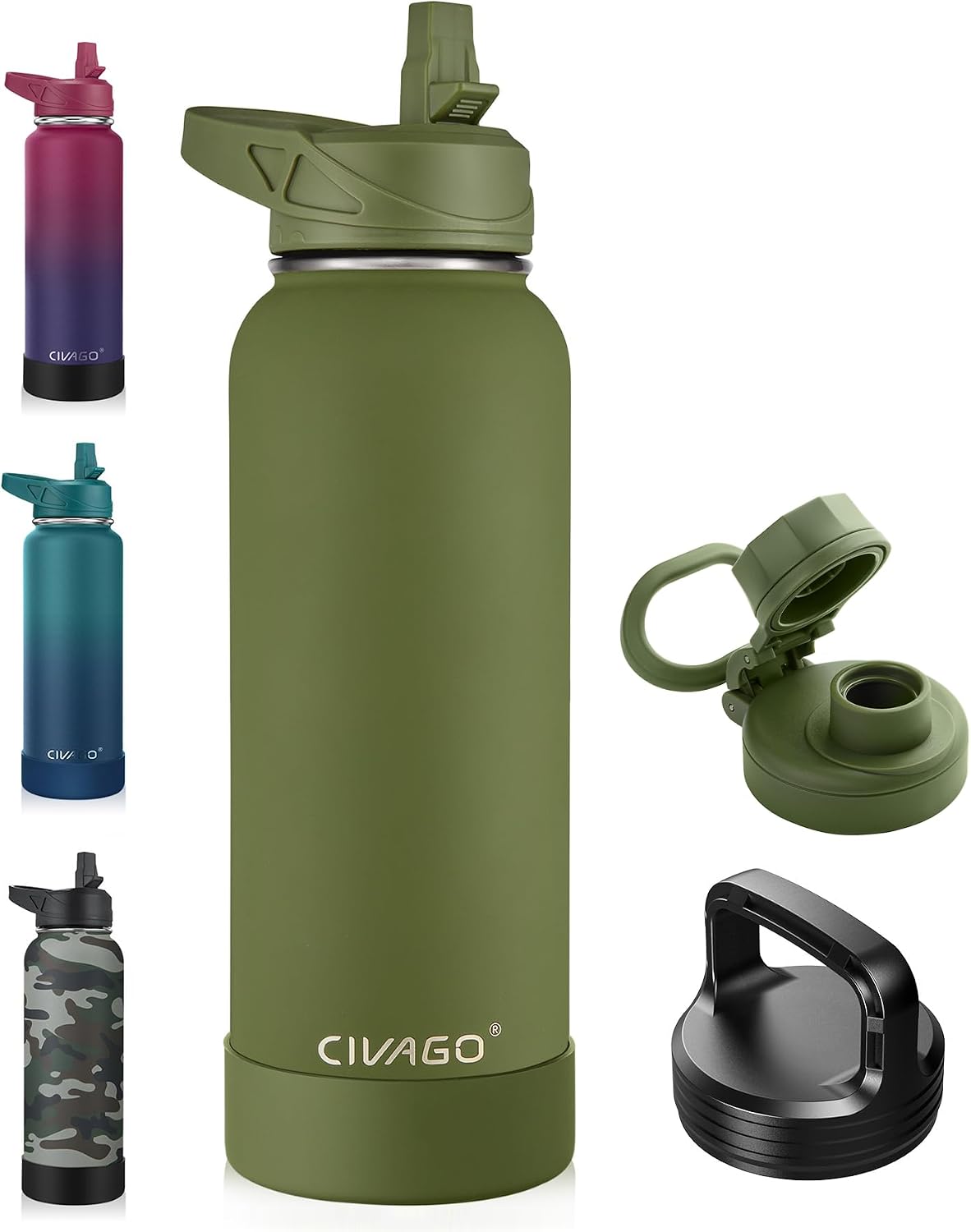 32 oz Insulated Stainless Steel Water Bottle With Straw and 3 Lids