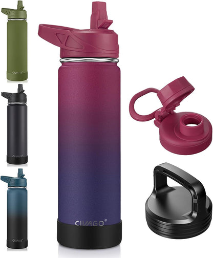 32 oz Insulated Stainless Steel Water Bottle With Straw and 3 Lids