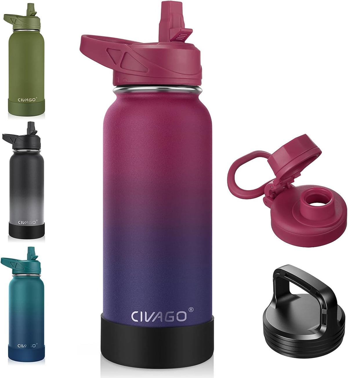 32 oz Insulated Stainless Steel Water Bottle With Straw and 3 Lids