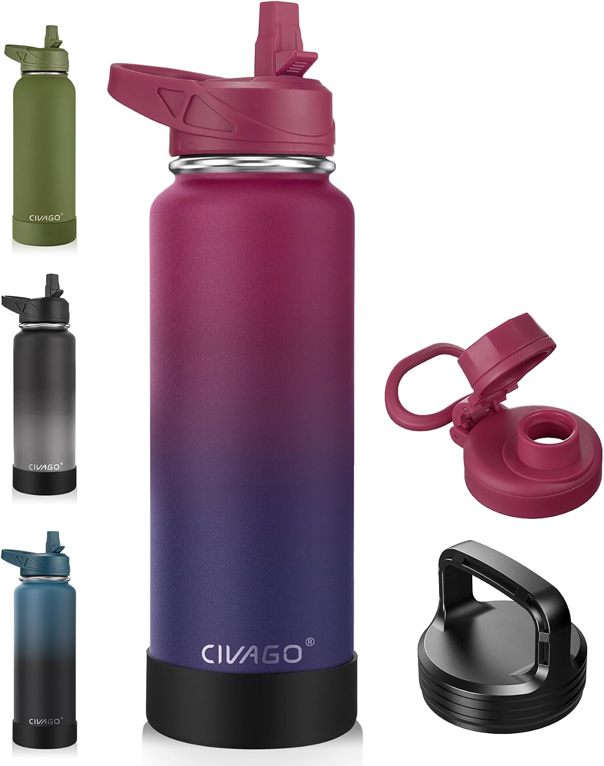 32 oz Insulated Stainless Steel Water Bottle With Straw and 3 Lids