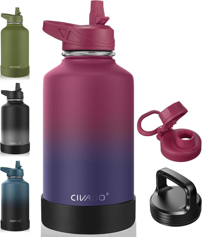 32 oz Insulated Stainless Steel Water Bottle With Straw and 3 Lids