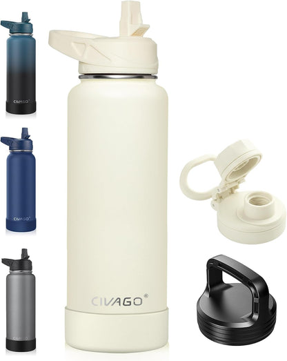32 oz Insulated Stainless Steel Water Bottle With Straw and 3 Lids