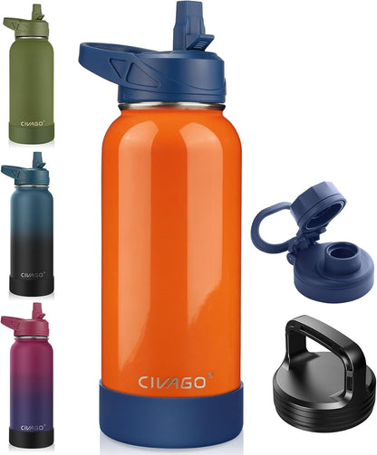 32 oz Insulated Stainless Steel Water Bottle With Straw and 3 Lids