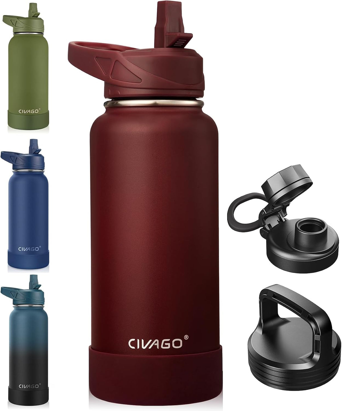 32 oz Insulated Stainless Steel Water Bottle With Straw and 3 Lids