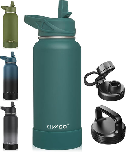 32 oz Insulated Stainless Steel Water Bottle With Straw and 3 Lids
