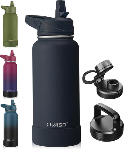 32 oz Insulated Stainless Steel Water Bottle With Straw and 3 Lids