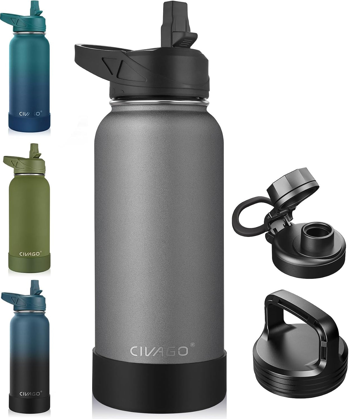 32 oz Insulated Stainless Steel Water Bottle With Straw and 3 Lids