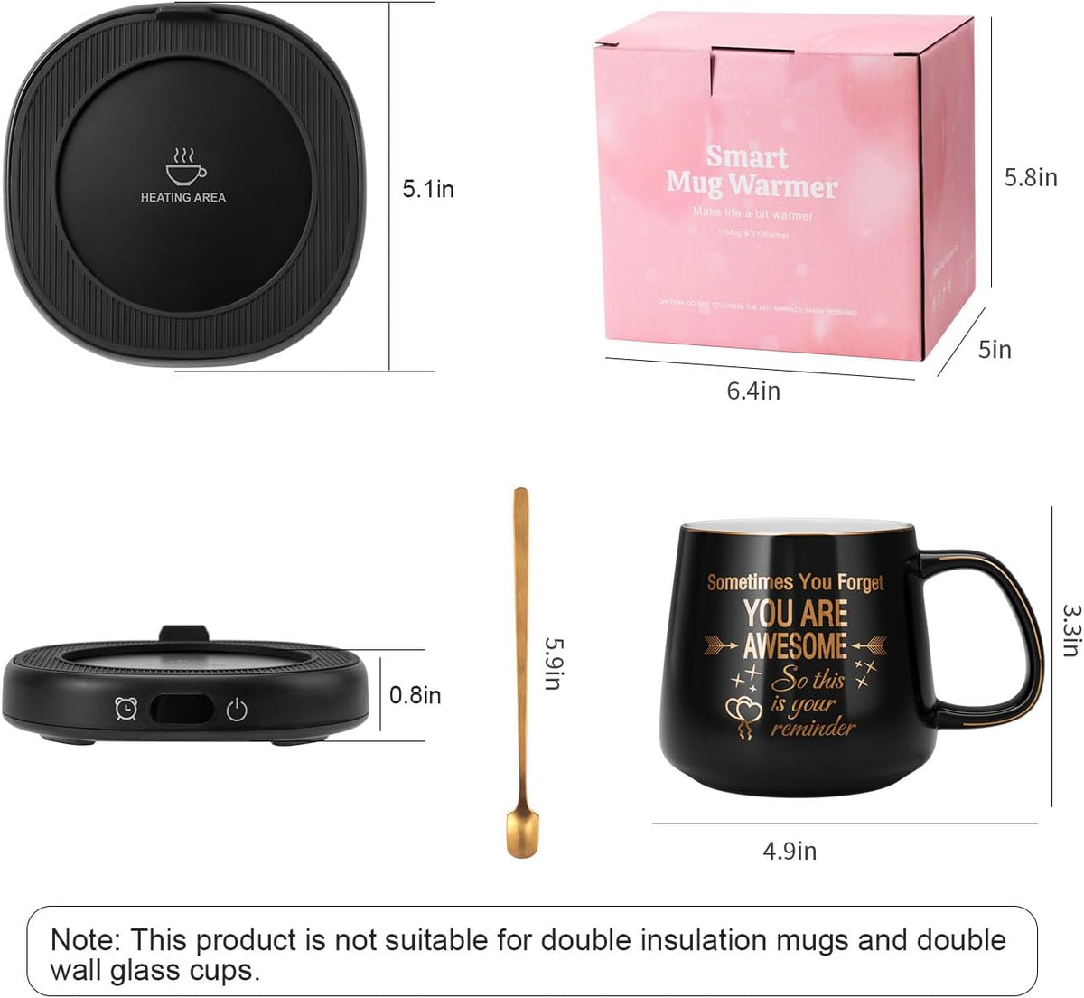 Coffee Mug Warmer & You are Awesome Mug Set, Electric Cup Warmer for Desk | Beverage Warmer Plate for Coffee,Tea,4 Temperature Setting,8-Hours Auto Shut Off,14oz Mug with Spoon & Lid Included