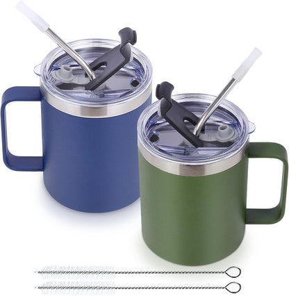 Volhoply 12oz Insulated Leakproof Coffee Mug with Flip & Straw Lid,Double Wall Vacuum Stainless Steel Travel Cafe Tumbler Cup with Handle,Reusable Camping Mugs Keep Cold/Hot(White,1 Set)