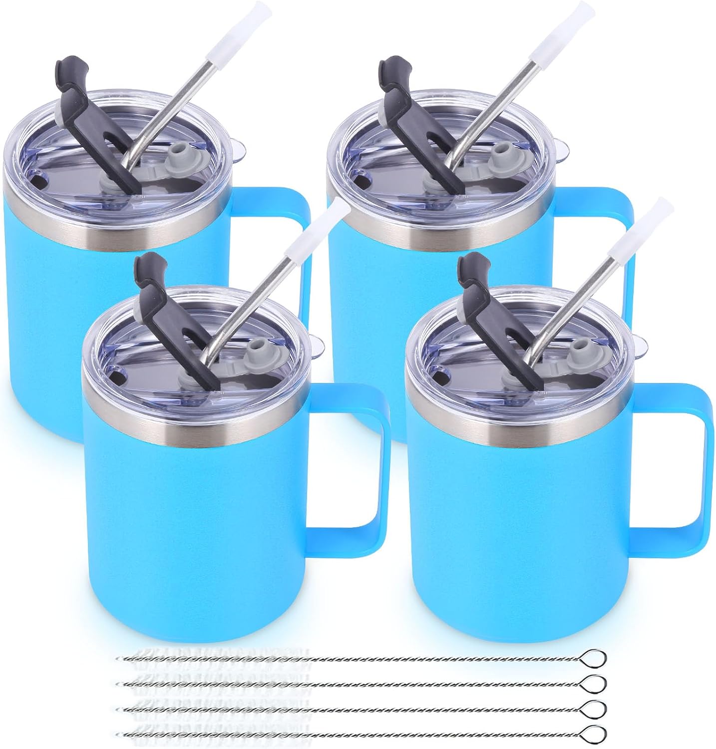 Volhoply 12oz Insulated Leakproof Coffee Mug with Flip & Straw Lid,Double Wall Vacuum Stainless Steel Travel Cafe Tumbler Cup with Handle,Reusable Camping Mugs Keep Cold/Hot(White,1 Set)