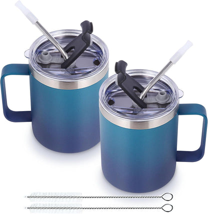 Volhoply 12oz Insulated Leakproof Coffee Mug with Flip & Straw Lid,Double Wall Vacuum Stainless Steel Travel Cafe Tumbler Cup with Handle,Reusable Camping Mugs Keep Cold/Hot(White,1 Set)