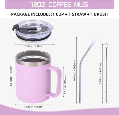 Volhoply 12oz Insulated Leakproof Coffee Mug with Flip & Straw Lid,Double Wall Vacuum Stainless Steel Travel Cafe Tumbler Cup with Handle,Reusable Camping Mugs Keep Cold/Hot(White,1 Set)