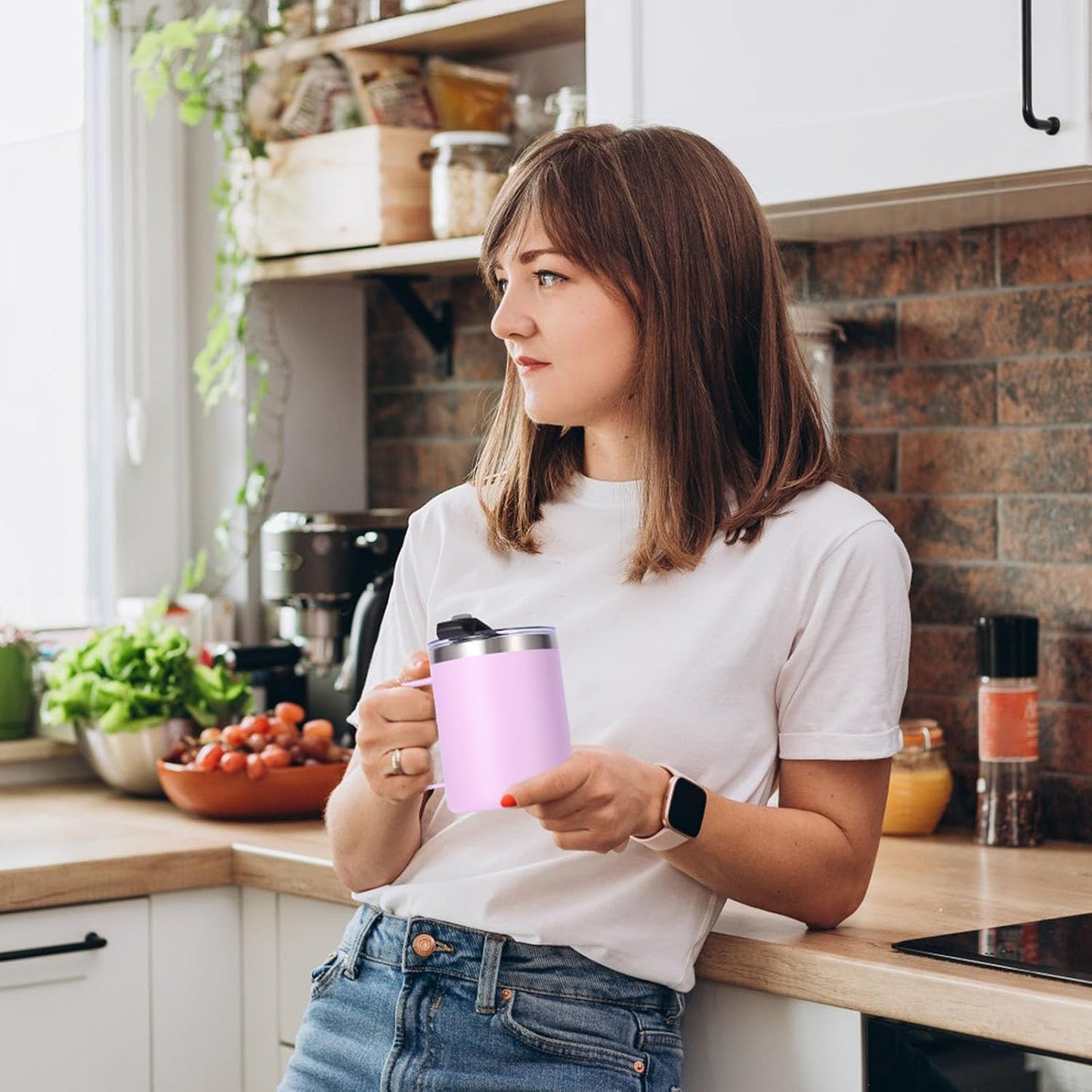 Volhoply 12oz Insulated Leakproof Coffee Mug with Flip & Straw Lid,Double Wall Vacuum Stainless Steel Travel Cafe Tumbler Cup with Handle,Reusable Camping Mugs Keep Cold/Hot(White,1 Set)
