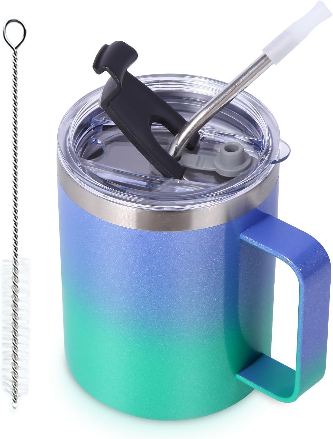 Volhoply 12oz Insulated Leakproof Coffee Mug with Flip & Straw Lid,Double Wall Vacuum Stainless Steel Travel Cafe Tumbler Cup with Handle,Reusable Camping Mugs Keep Cold/Hot(White,1 Set)