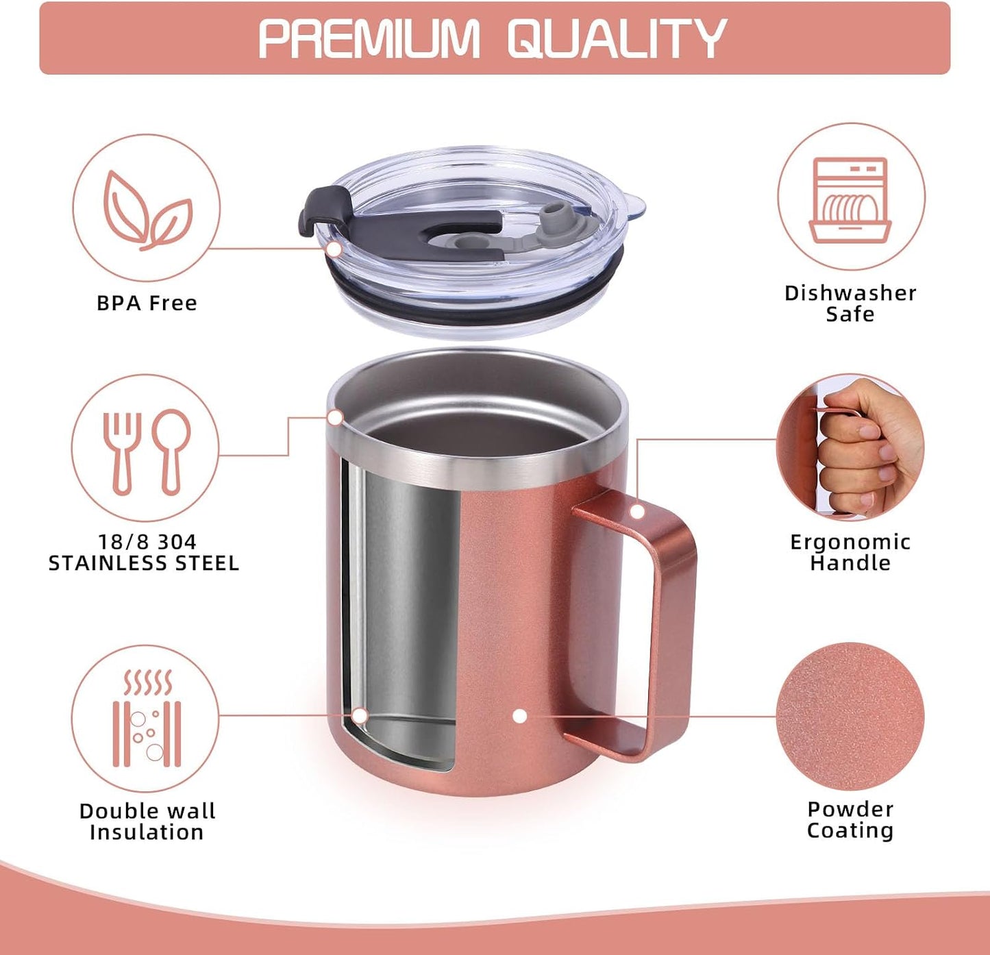 Volhoply 12oz Insulated Leakproof Coffee Mug with Flip & Straw Lid,Double Wall Vacuum Stainless Steel Travel Cafe Tumbler Cup with Handle,Reusable Camping Mugs Keep Cold/Hot(White,1 Set)