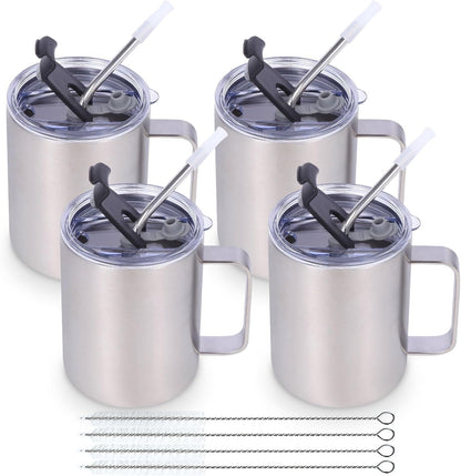 Volhoply 12oz Insulated Leakproof Coffee Mug with Flip & Straw Lid,Double Wall Vacuum Stainless Steel Travel Cafe Tumbler Cup with Handle,Reusable Camping Mugs Keep Cold/Hot(White,1 Set)