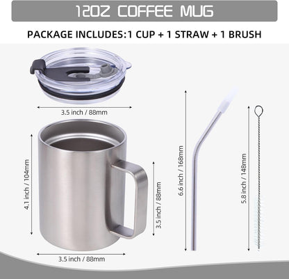 Volhoply 12oz Insulated Leakproof Coffee Mug with Flip & Straw Lid,Double Wall Vacuum Stainless Steel Travel Cafe Tumbler Cup with Handle,Reusable Camping Mugs Keep Cold/Hot(White,1 Set)
