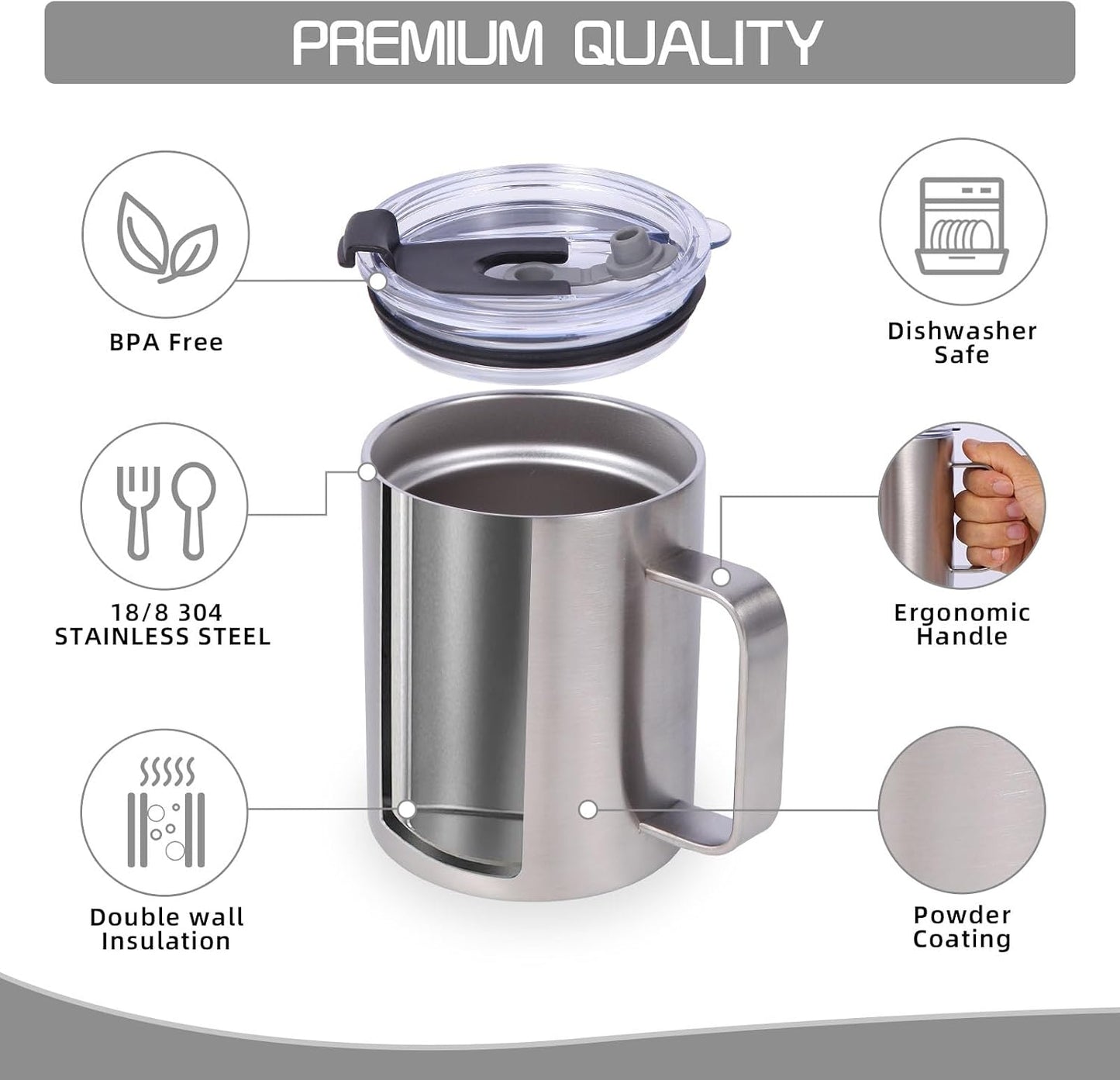 Volhoply 12oz Insulated Leakproof Coffee Mug with Flip & Straw Lid,Double Wall Vacuum Stainless Steel Travel Cafe Tumbler Cup with Handle,Reusable Camping Mugs Keep Cold/Hot(White,1 Set)