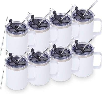 Volhoply 12oz Insulated Leakproof Coffee Mug with Flip & Straw Lid,Double Wall Vacuum Stainless Steel Travel Cafe Tumbler Cup with Handle,Reusable Camping Mugs Keep Cold/Hot(White,1 Set)
