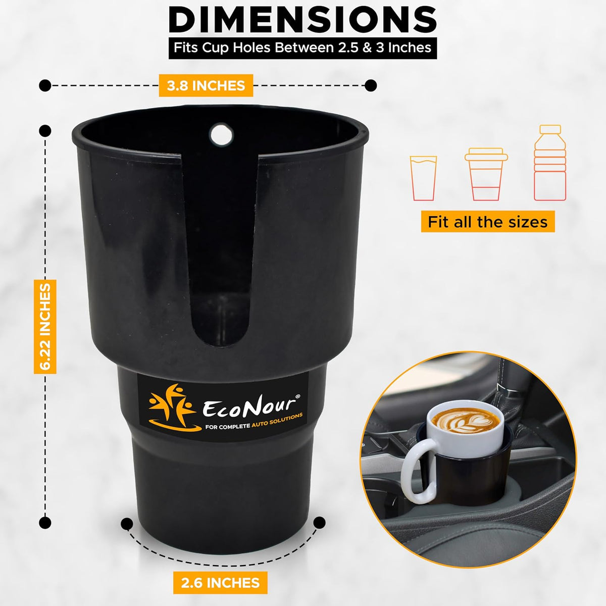 Car Cup Holder Expander | Fits 32/40 oz Hydro Flasks | Yeti, Nalgene & Large Bottles up to 3.8" | Universal Cup Adapter for Cars with 3.2" Holders – Black