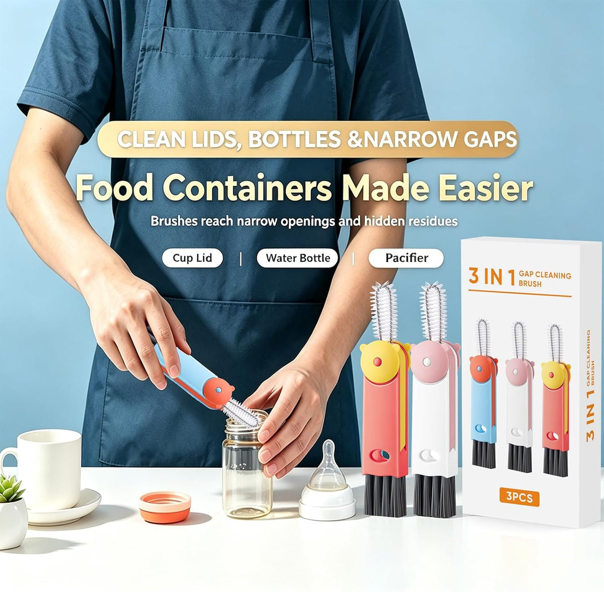 3 in 1 Cup Lid Cleaning Brush - Upgraded Version Cup Lid Brush with Packaging Box, Suitable for All Types of Cups, Bottle Gaps, Portable Travel and Home Kitchen Multifunctional Cleaning Set (3pcs)