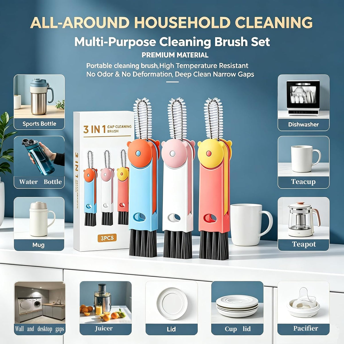 3 in 1 Cup Lid Cleaning Brush - Upgraded Version Cup Lid Brush with Packaging Box, Suitable for All Types of Cups, Bottle Gaps, Portable Travel and Home Kitchen Multifunctional Cleaning Set (3pcs)