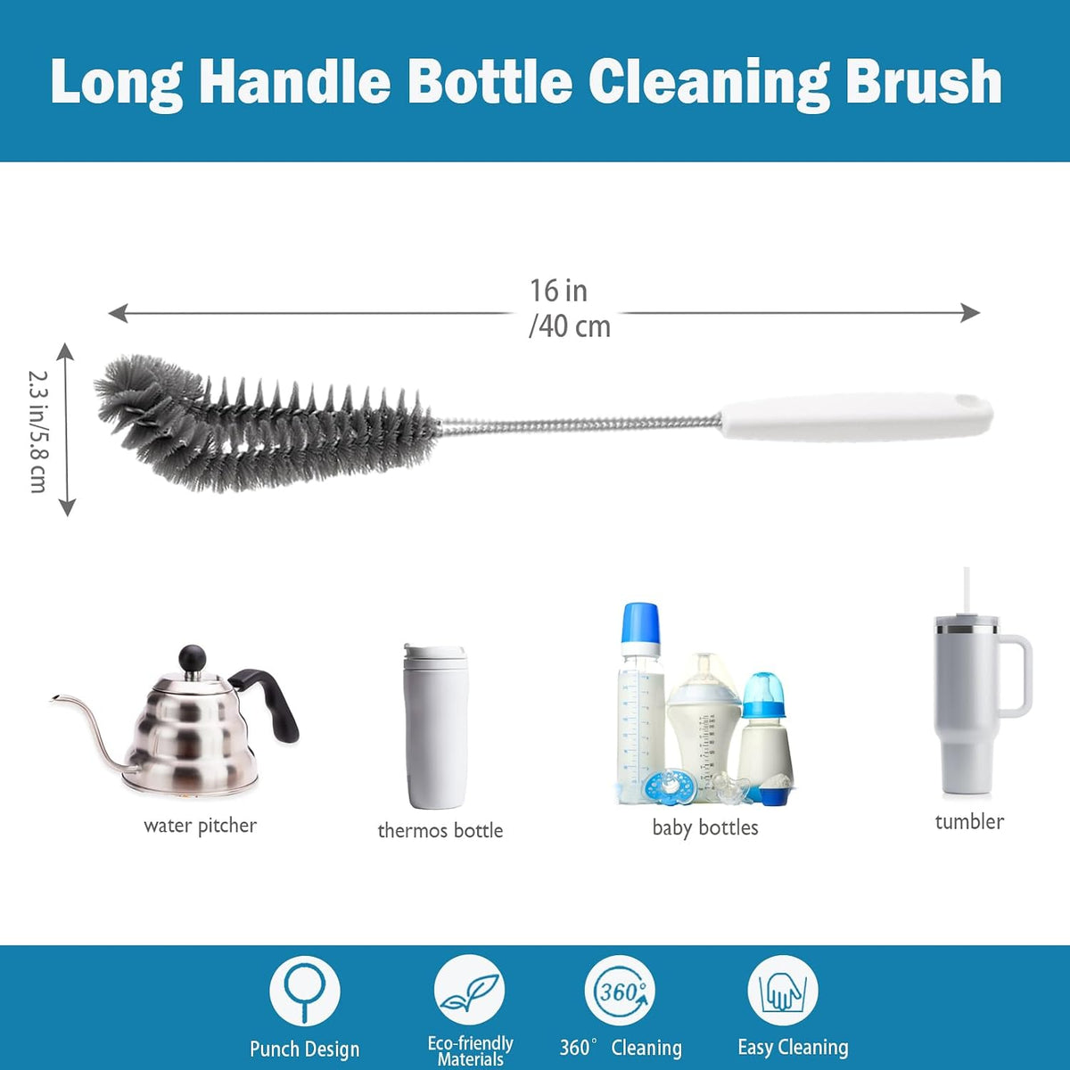16 inches Long Handle Black Bottle Cleaning Brushes - Perfect for Baby Bottles, Sports Bottles, Glassware, Mugs, Jars, and Stemware