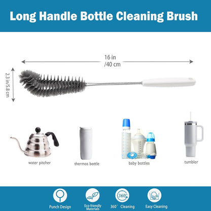 16 inches Long Handle Black Bottle Cleaning Brushes - Perfect for Baby Bottles, Sports Bottles, Glassware, Mugs, Jars, and Stemware