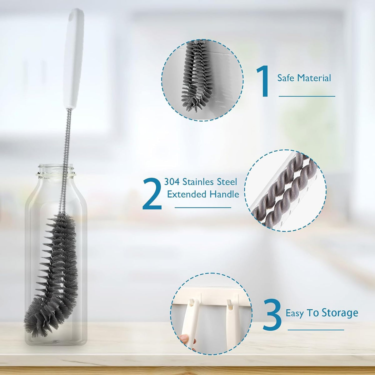 16 inches Long Handle Black Bottle Cleaning Brushes - Perfect for Baby Bottles, Sports Bottles, Glassware, Mugs, Jars, and Stemware