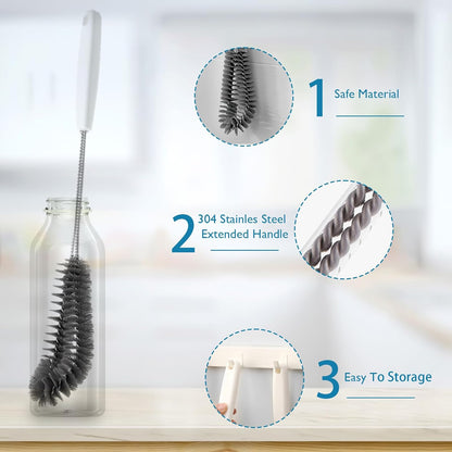16 inches Long Handle Black Bottle Cleaning Brushes - Perfect for Baby Bottles, Sports Bottles, Glassware, Mugs, Jars, and Stemware