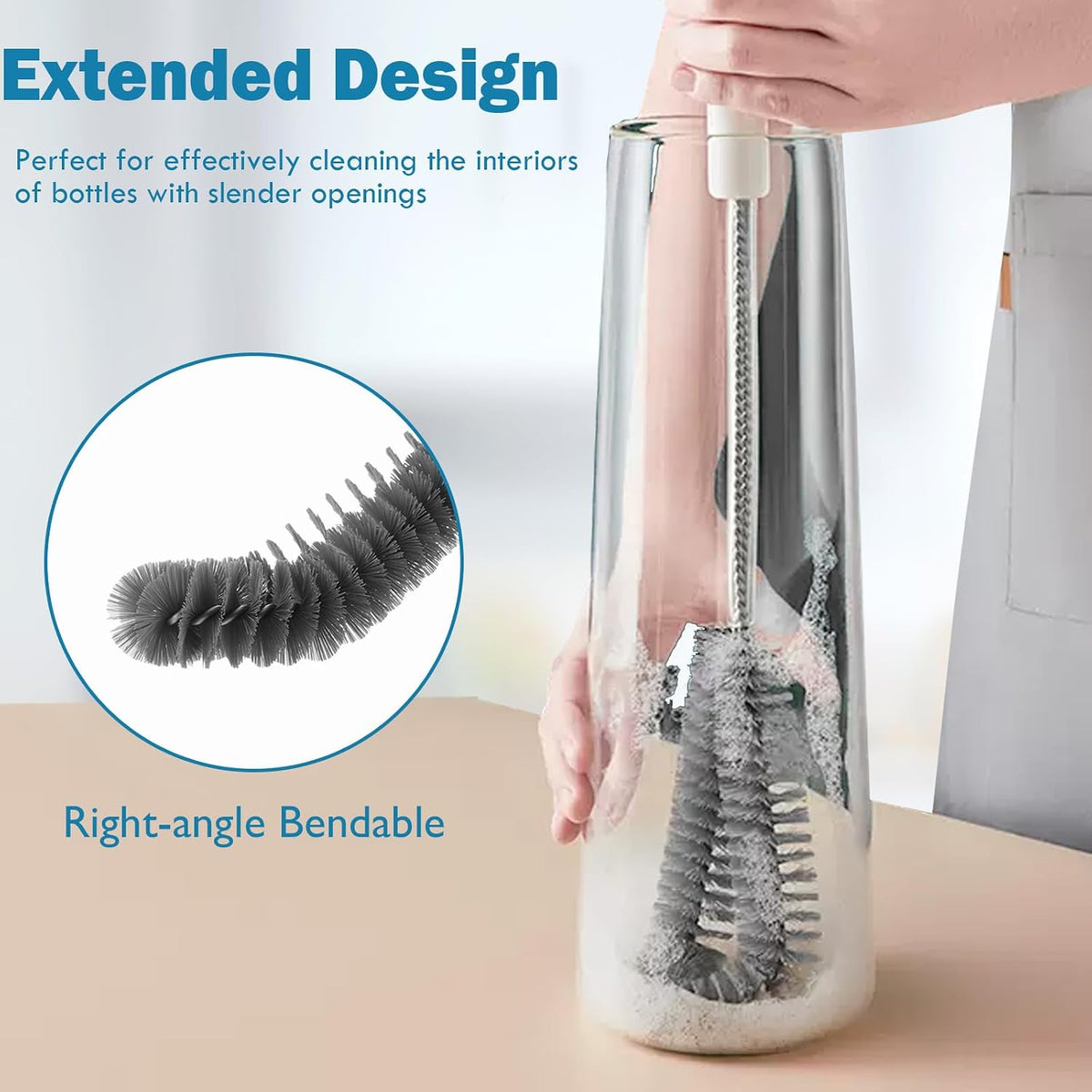 16 inches Long Handle Black Bottle Cleaning Brushes - Perfect for Baby Bottles, Sports Bottles, Glassware, Mugs, Jars, and Stemware