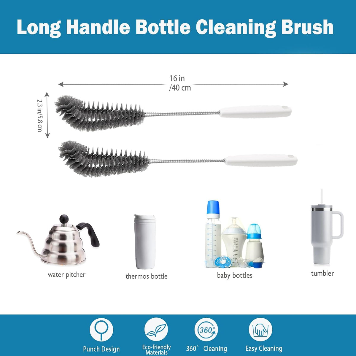 16 inches Long Handle Black Bottle Cleaning Brushes - Perfect for Baby Bottles, Sports Bottles, Glassware, Mugs, Jars, and Stemware
