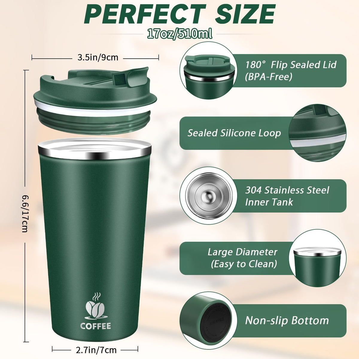 Insulated Travel Coffee Mug Reusable Coffee Tumbler Cup with Flip Lid Leak Proof Spill Proof for Office School Party Camping Hot and Cold Drink,Stainless Steel 17oz (Agave Green)