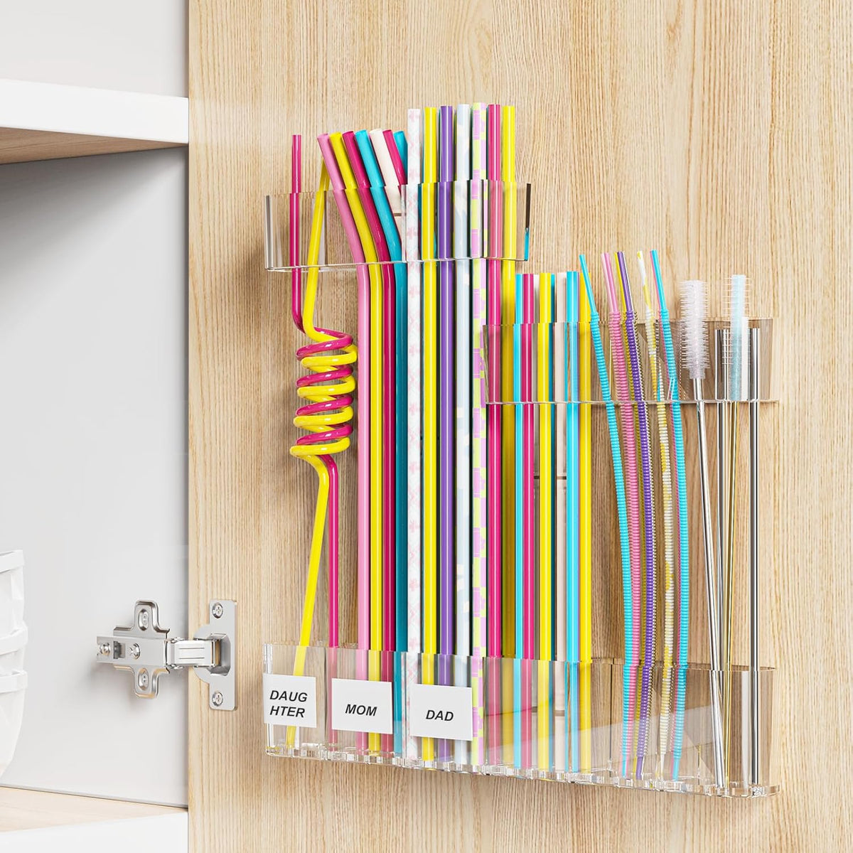 Upgraded 9.84" Large Straw Holder for Cabinet Door, 3-Part Adjustable Straw Organizer Storage with Strong Adhesive Double-sided Tape, Ultra Sticky Under-Cabinet Mount Storage (Transparent)