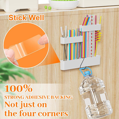 Upgraded 9.84" Large Straw Holder for Cabinet Door, 3-Part Adjustable Straw Organizer Storage with Strong Adhesive Double-sided Tape, Ultra Sticky Under-Cabinet Mount Storage (Transparent)