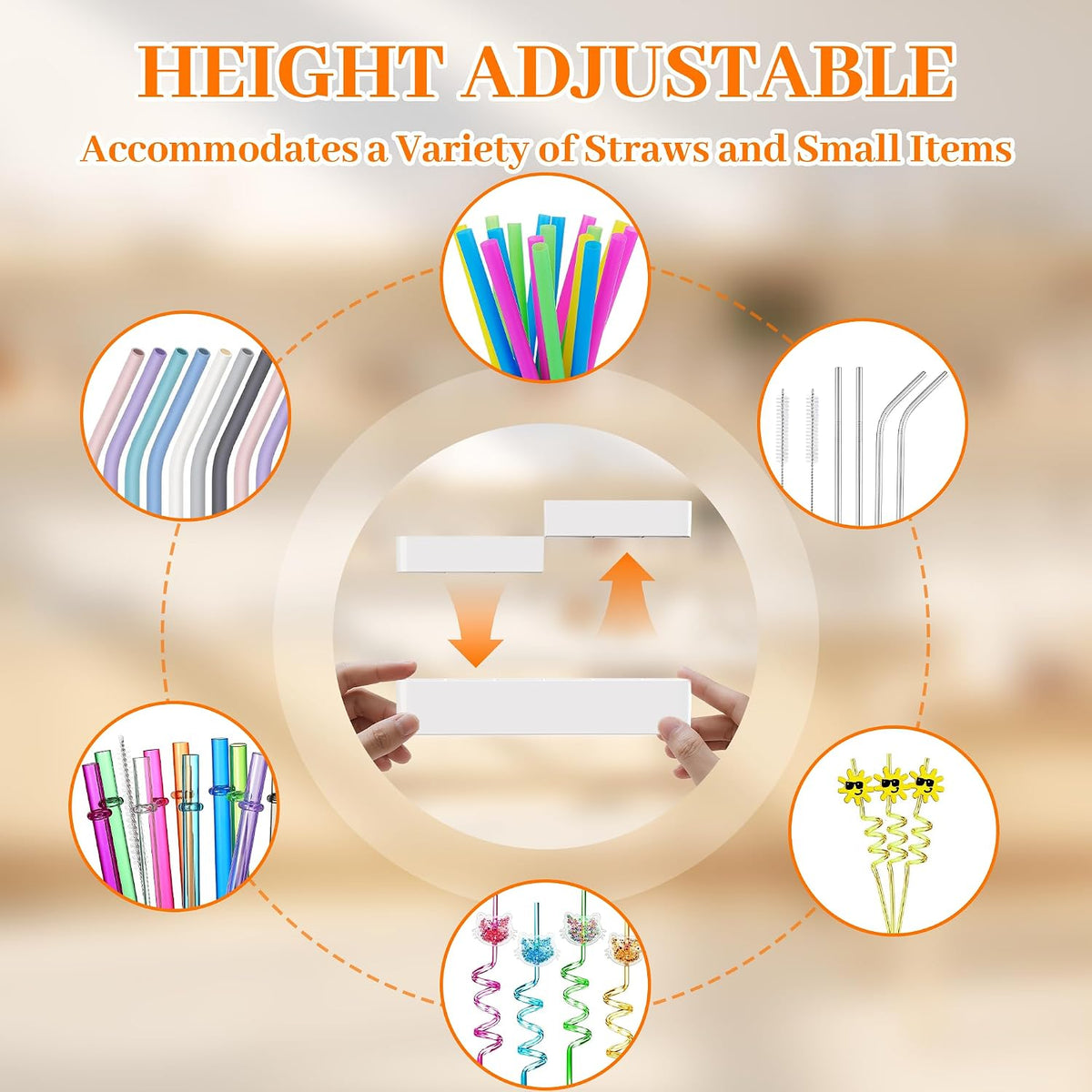 Upgraded 9.84" Large Straw Holder for Cabinet Door, 3-Part Adjustable Straw Organizer Storage with Strong Adhesive Double-sided Tape, Ultra Sticky Under-Cabinet Mount Storage (Transparent)