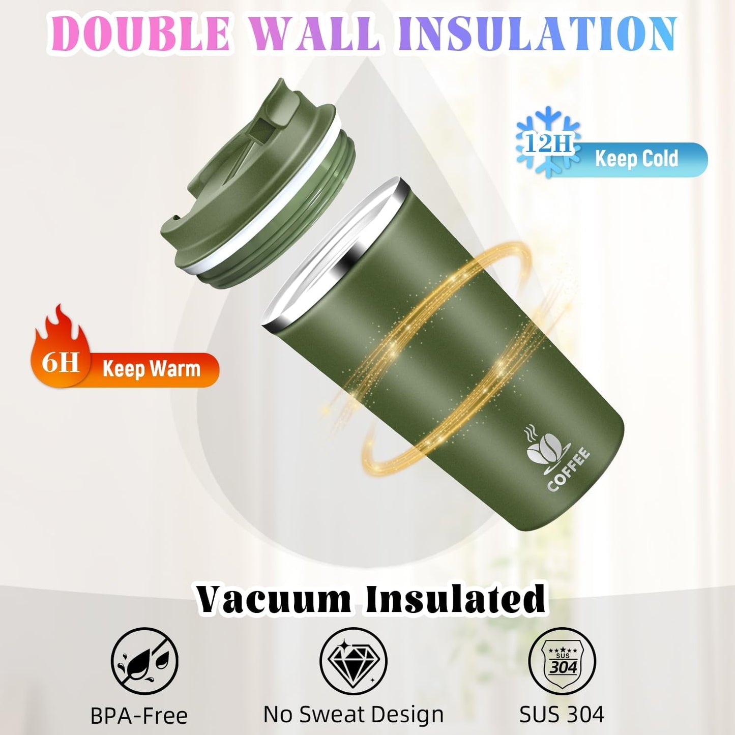 17oz Insulated Travel Coffee Mug with Flip Lid ¨C Leakproof Stainless Steel Insulated Coffee Tumblers, Reusable Coffee Cup for Hot & Cold Drinks, Perfect for Camping & On-the-Go