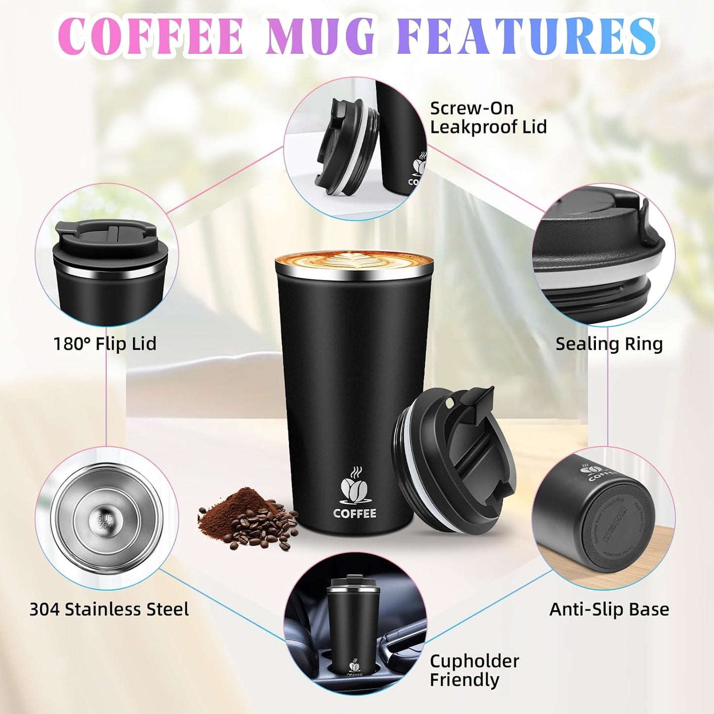 17oz Insulated Travel Coffee Mug with Flip Lid ¨C Leakproof Stainless Steel Insulated Coffee Tumblers, Reusable Coffee Cup for Hot & Cold Drinks, Perfect for Camping & On-the-Go