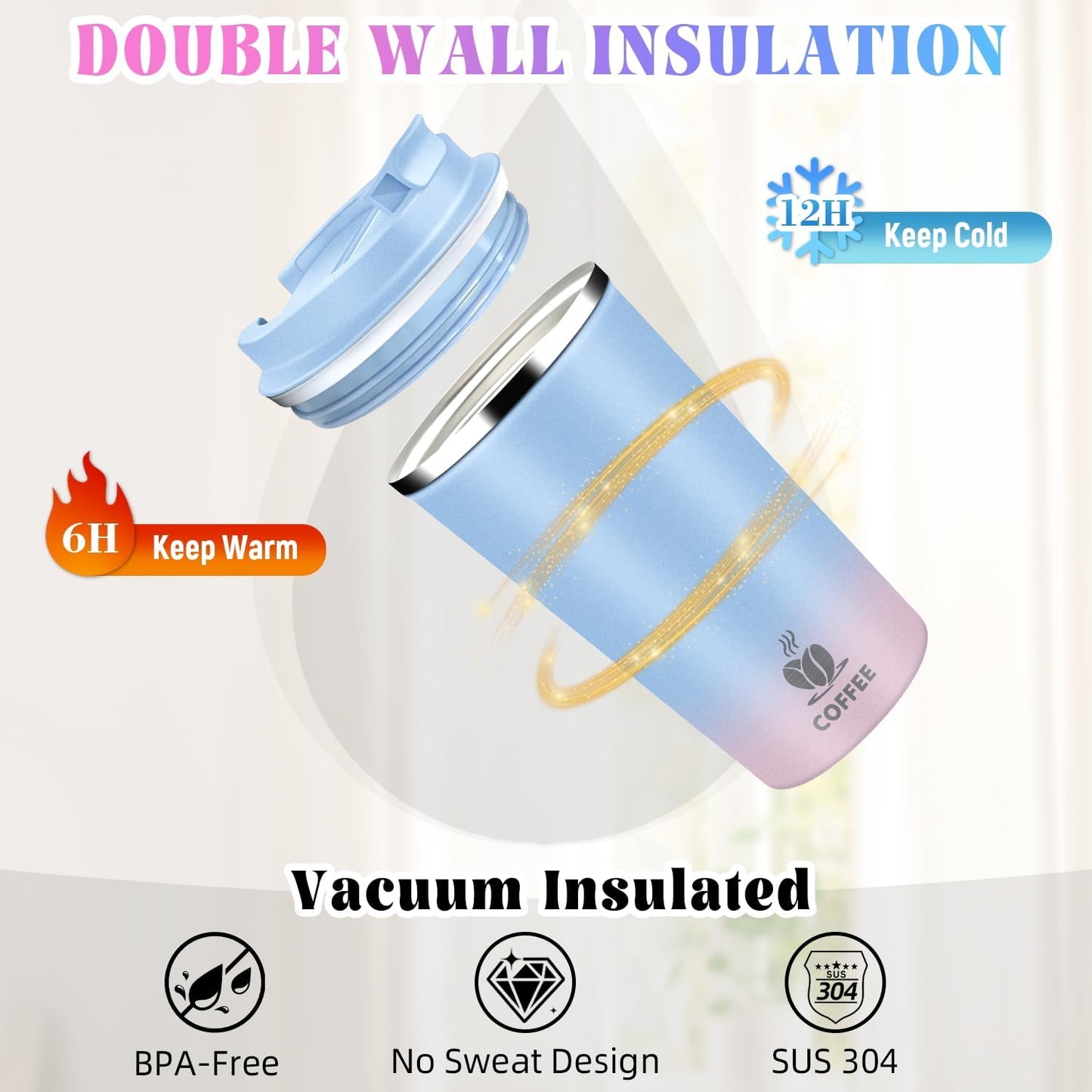 17oz Insulated Travel Coffee Mug with Flip Lid ¨C Leakproof Stainless Steel Insulated Coffee Tumblers, Reusable Coffee Cup for Hot & Cold Drinks, Perfect for Camping & On-the-Go