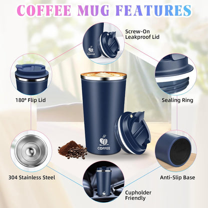 17oz Insulated Travel Coffee Mug with Flip Lid ¨C Leakproof Stainless Steel Insulated Coffee Tumblers, Reusable Coffee Cup for Hot & Cold Drinks, Perfect for Camping & On-the-Go