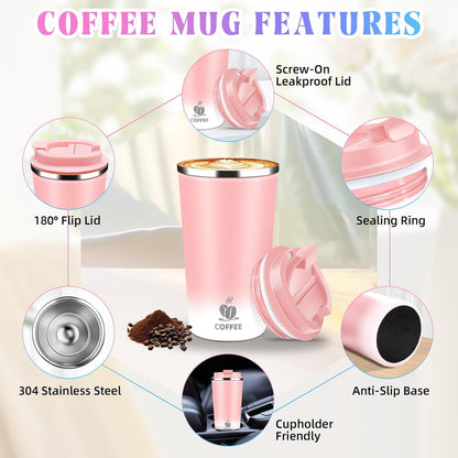 17oz Insulated Travel Coffee Mug with Flip Lid ¨C Leakproof Stainless Steel Insulated Coffee Tumblers, Reusable Coffee Cup for Hot & Cold Drinks, Perfect for Camping & On-the-Go